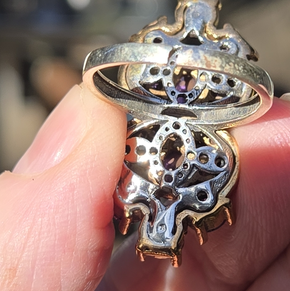 Amethyst & White sapphire Sterling & Gold cocktail ring 7.75 - Picture 9 of 9
